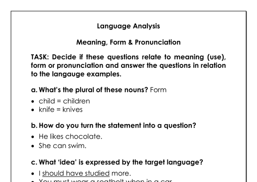 Language Analysis Questions 12. Lesson Planning: Language Analysis