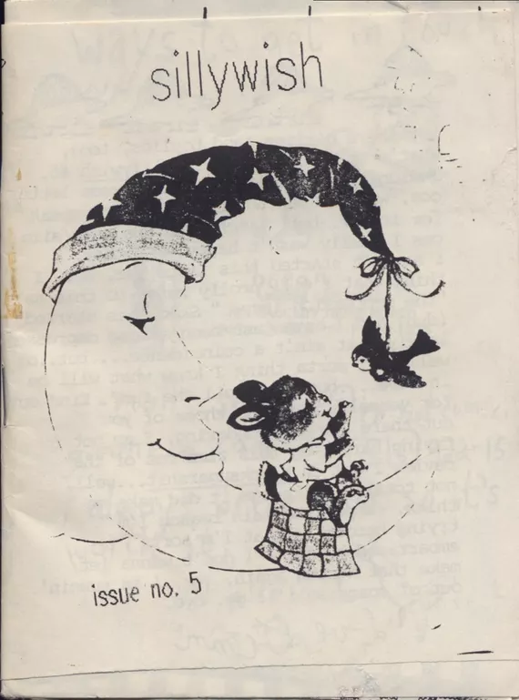 zine cover: clip art crescent moon in wizard sleeping cap, bunny on sitting on the bottom crescent, playing with a bird