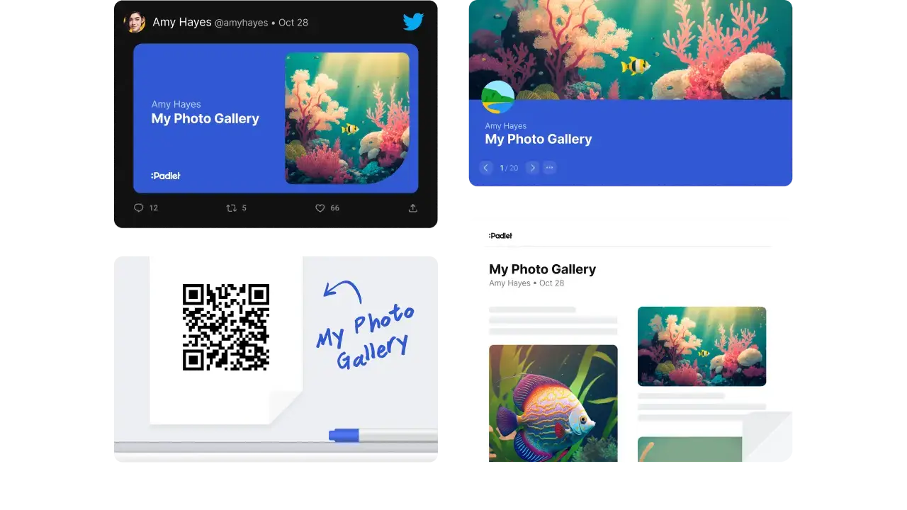 A padlet presented as a slideshow and shared by link, QR code and PDF export