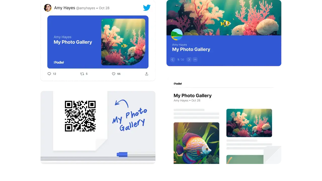 A padlet presented as a slideshow and shared by link, QR code and PDF export