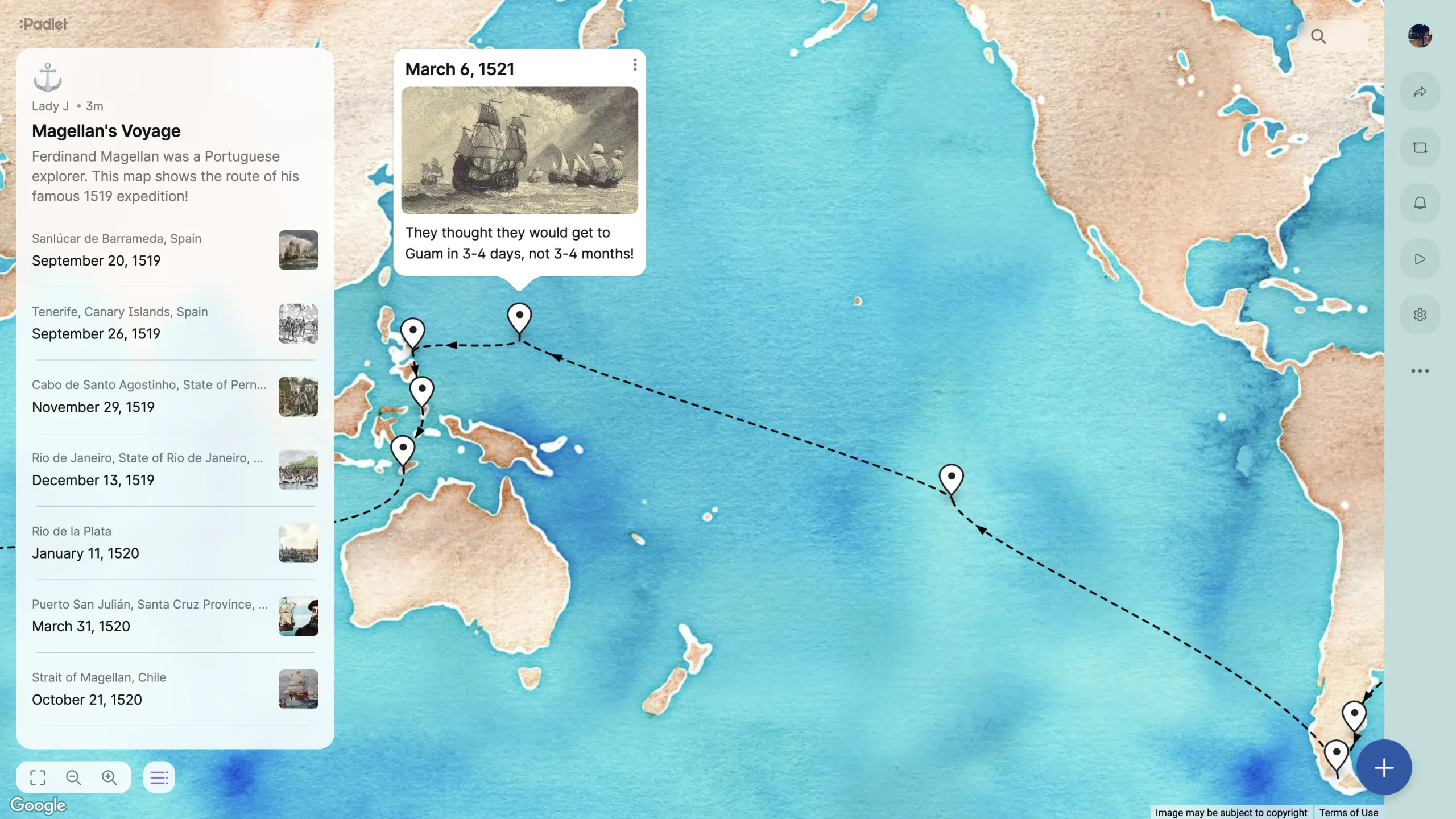 A map format padlet used for History class, with posts of various locations.