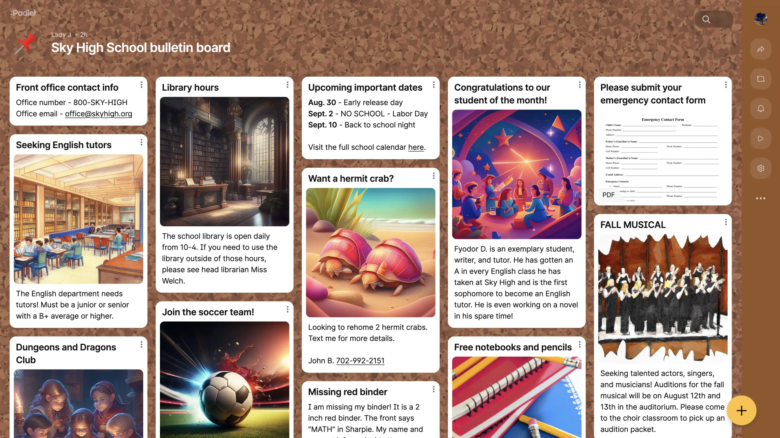 A padlet used as a bulletin board for distributing important information.