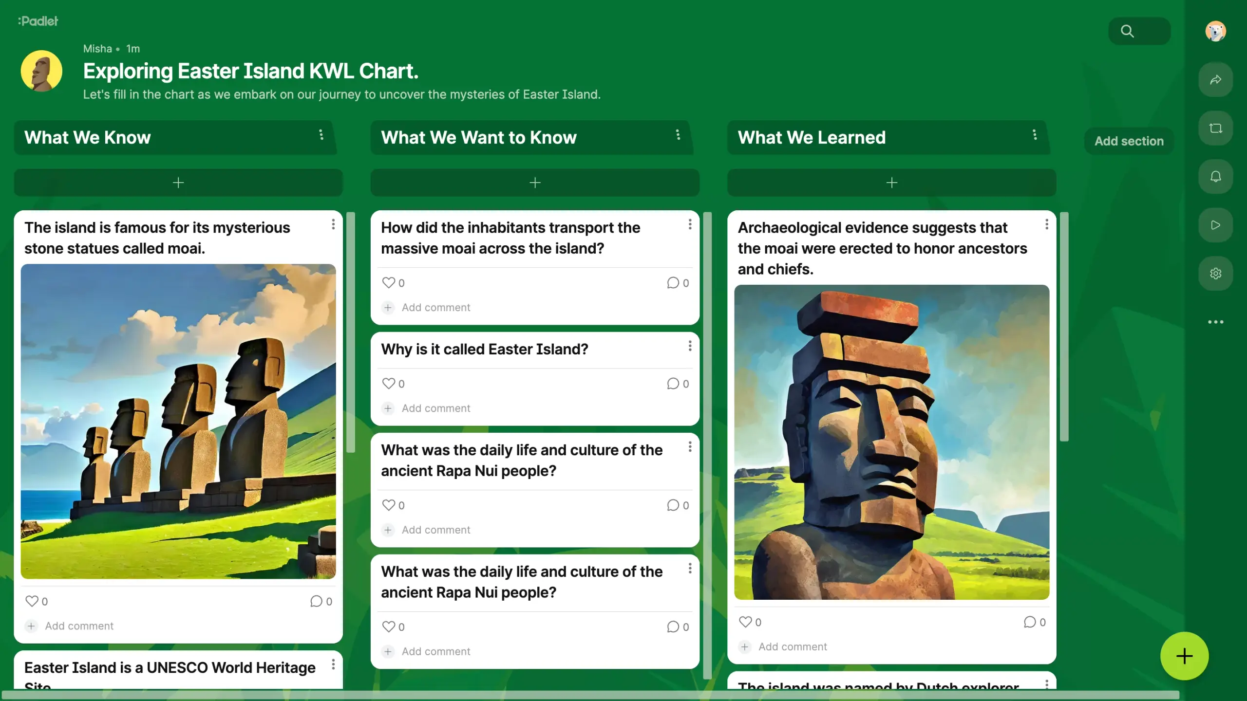 A Padlet board titled ‘Exploring Easter Island KWL Chart’, sectioned into what is known, wondered and learned