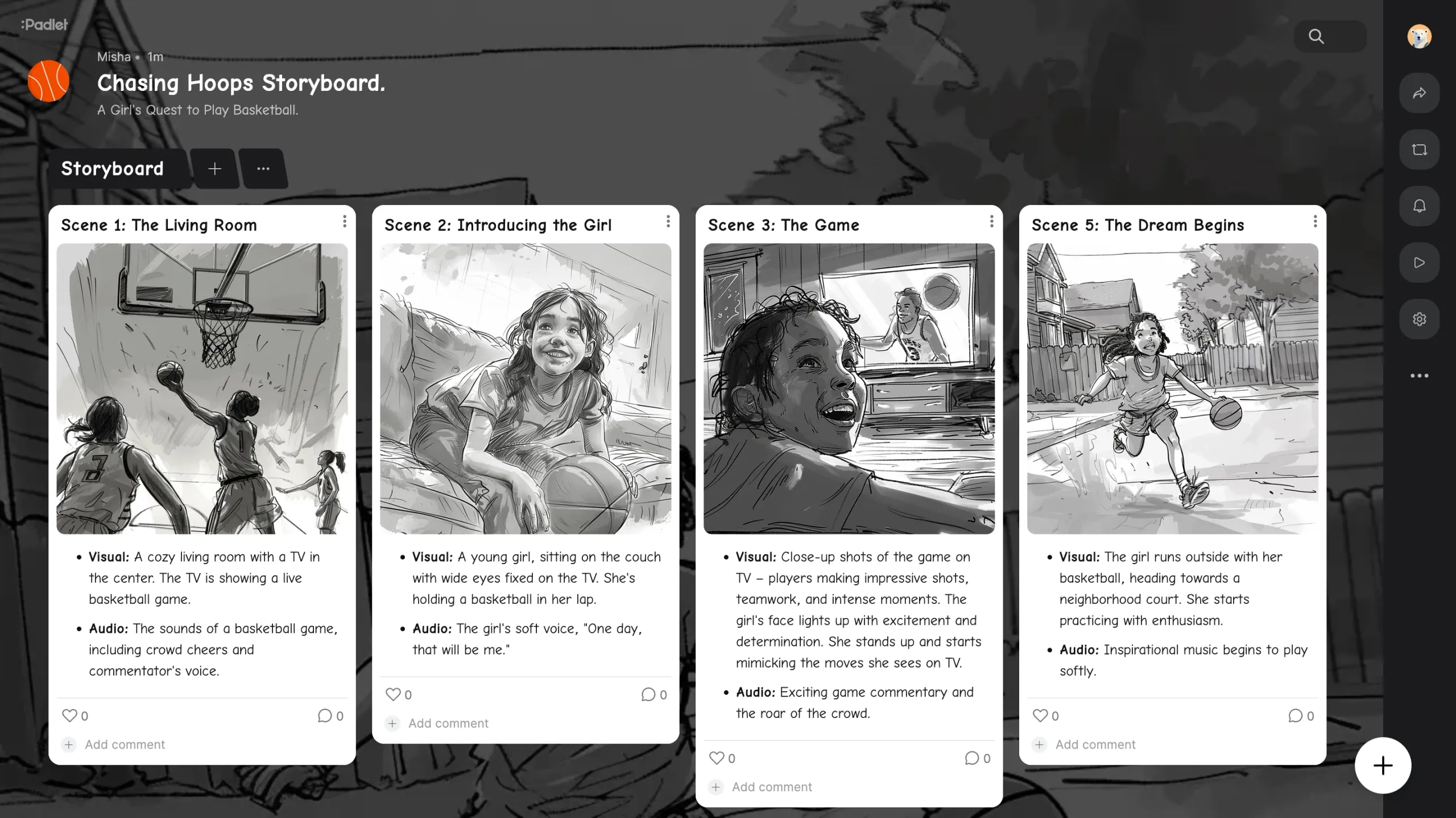 A Padlet storyboard titled ‘Chasing Hoops’, showing scenes from a girl’s basketball journey with descriptions