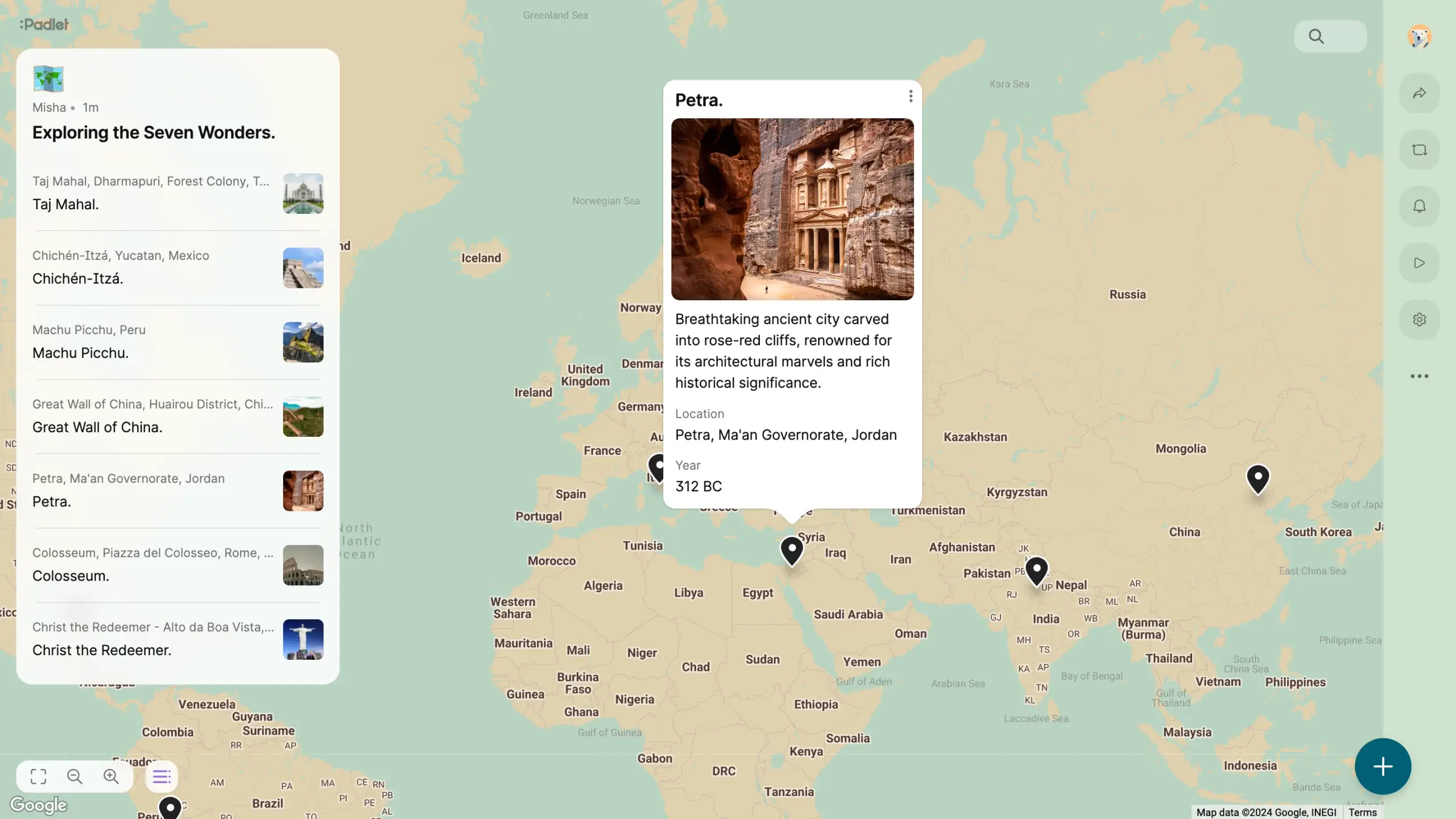 A Padlet board titled ‘Exploring the Seven Wonders’, a world map pinned with cards on the Taj Mahal and Petra