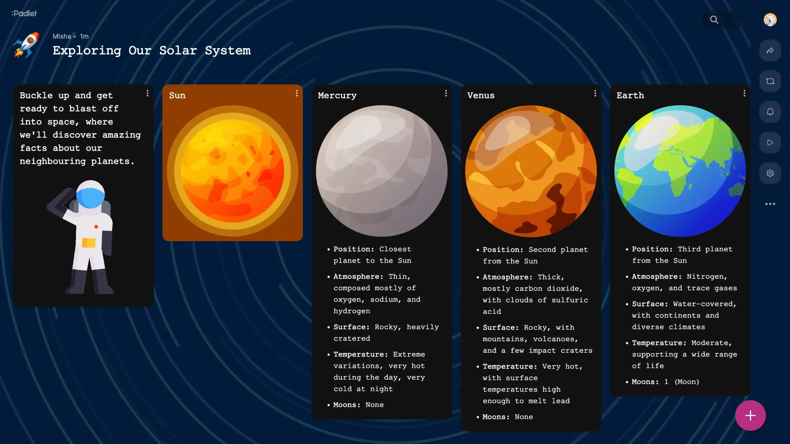 A Padlet board titled ‘Exploring Our Solar System’, with facts about the Sun, Mercury, Venus and Earth