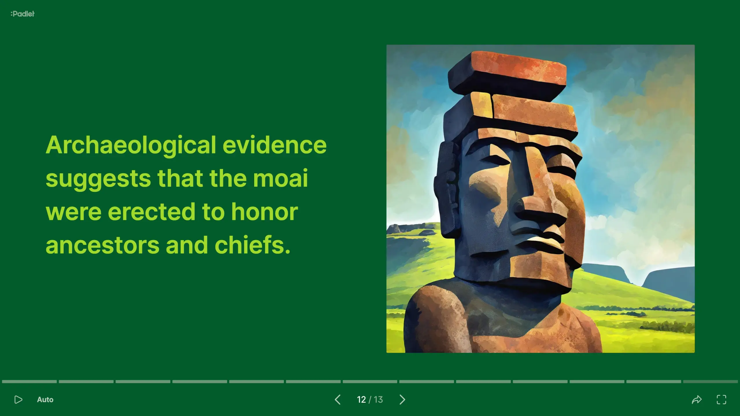 A Padlet slideshow slide with a painting of a moai statue and text on its archaeological significance