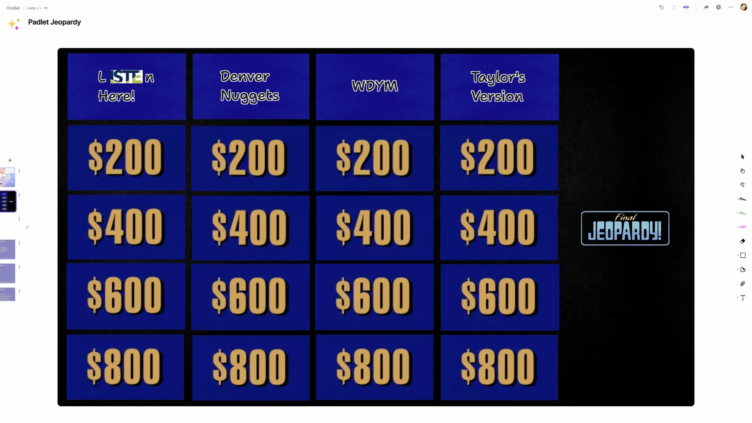 A Padlet sandbox laid out as a Jeopardy-style quiz, with categories and point values from 200 to 800
