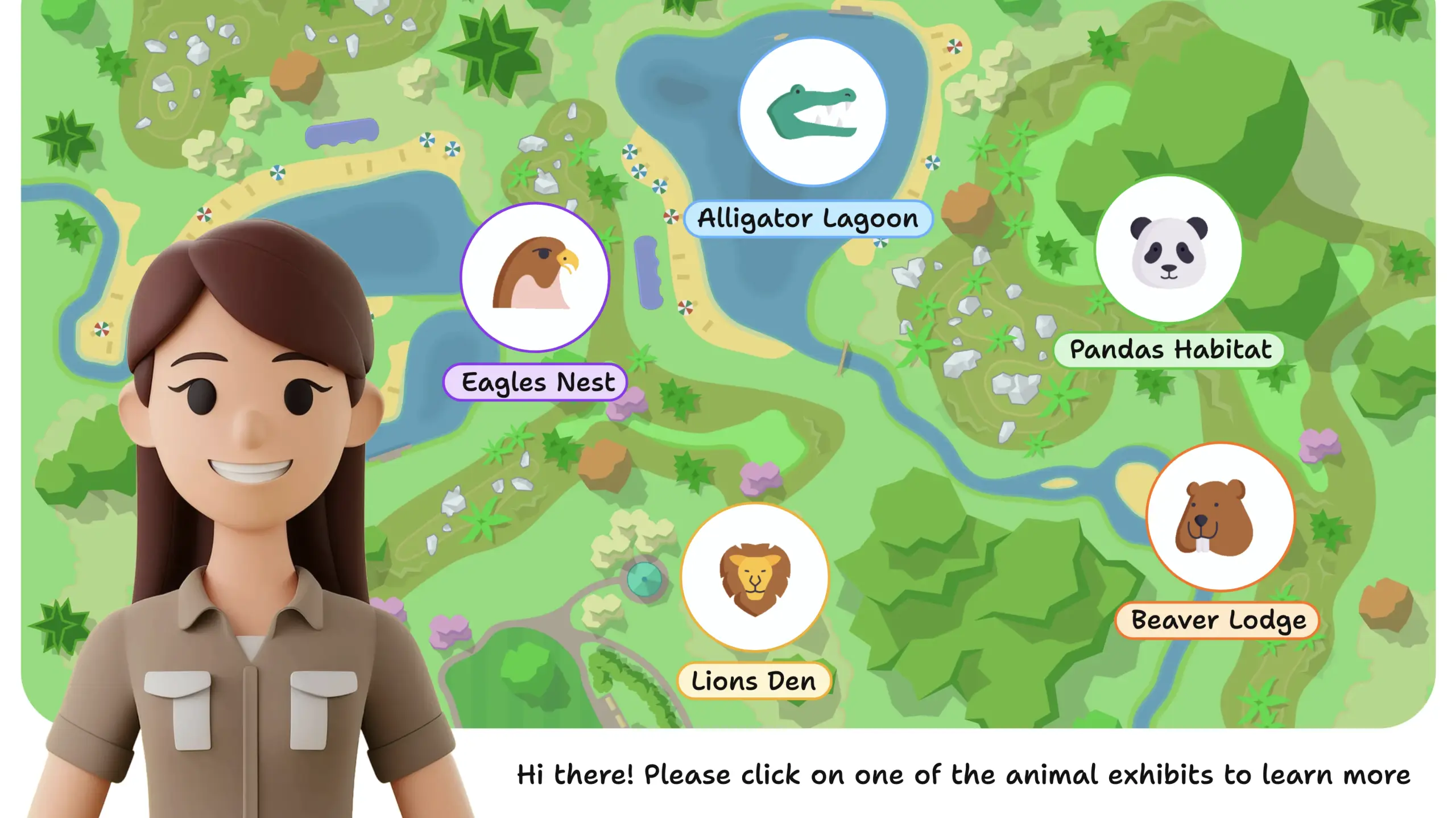 A Padlet sandbox mapping a zoo, with clickable areas for the Eagles Nest and the Panda Habitat