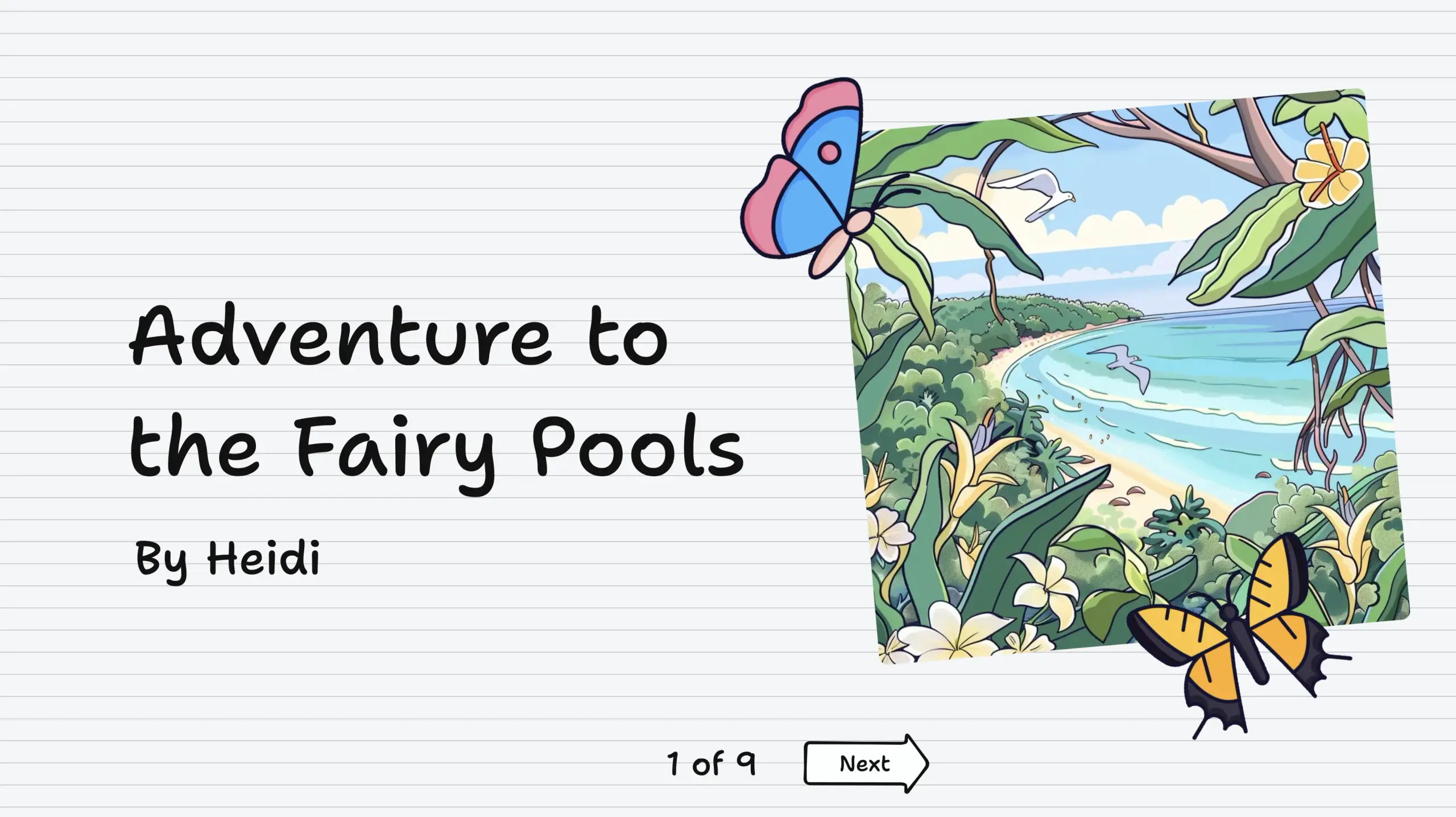 A Padlet sandbox titled ‘Adventure to the Fairy Pools’, the illustrated cover page of a digital storybook