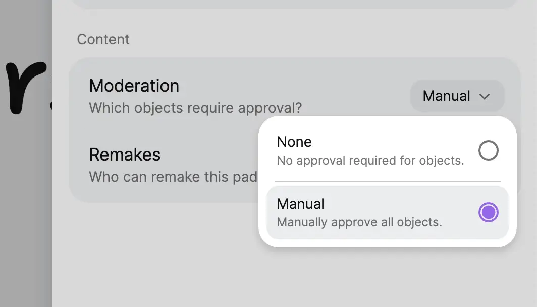 Moderation settings for approving posts before they appear