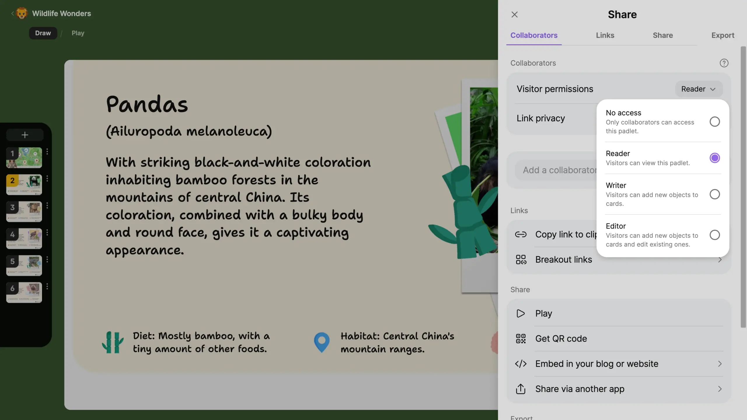 The share panel showing collaborator permissions and export options