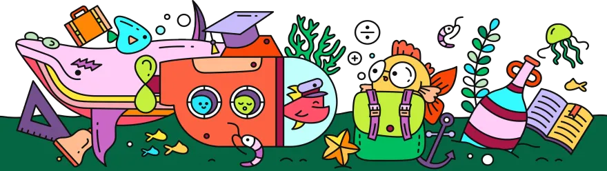 An illustration of a classroom of students and a teacher