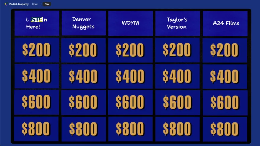 A Jeopardy-style quiz board built in a sandbox