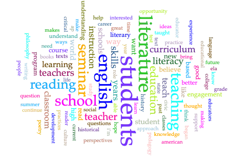 Multi-colored word cloud. the most prominent words are literature, students and english