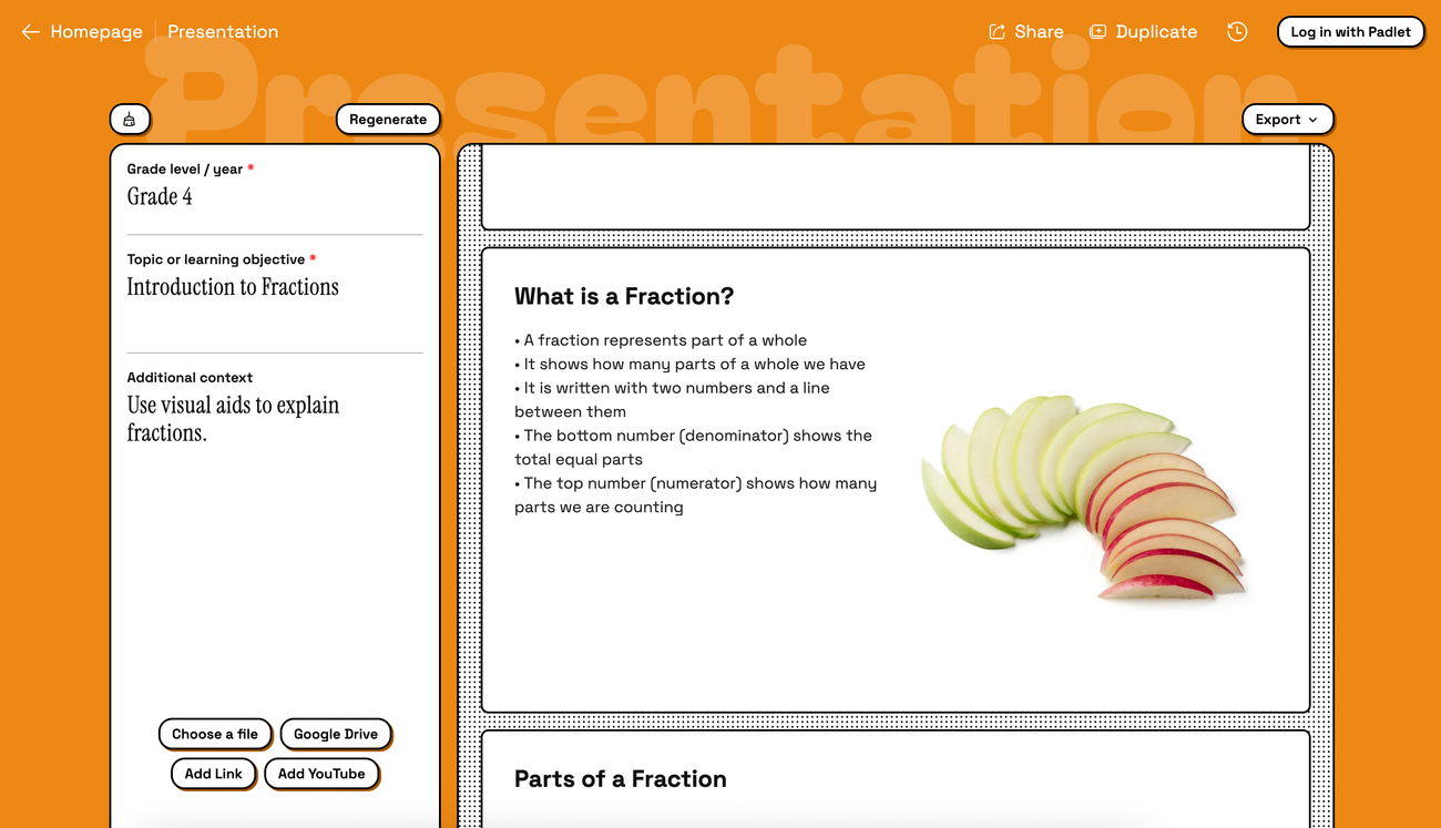 Creating a fractions presentation using Padlet TA
