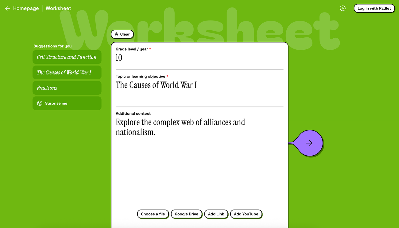 Creating a World War 1 worksheet using Padlet TA